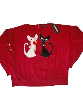 Gran Oriente Red Knit Sweater/ Cat Applique / Full Back Zipper Size Small